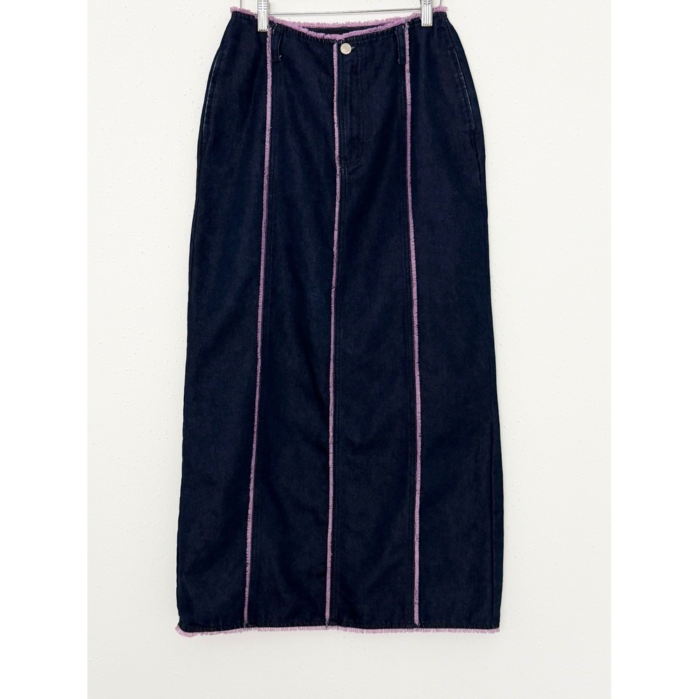 Vintage 90s/Y2K Baccini Denim Maxi Skirt Purple Fringe Western Boho Grunge (6)